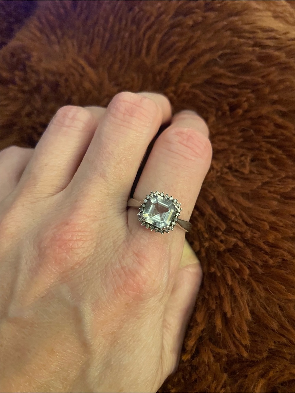 Estate Stirling Silver Asscher Cut Topaz with CZ Halo Ring Size 9.5